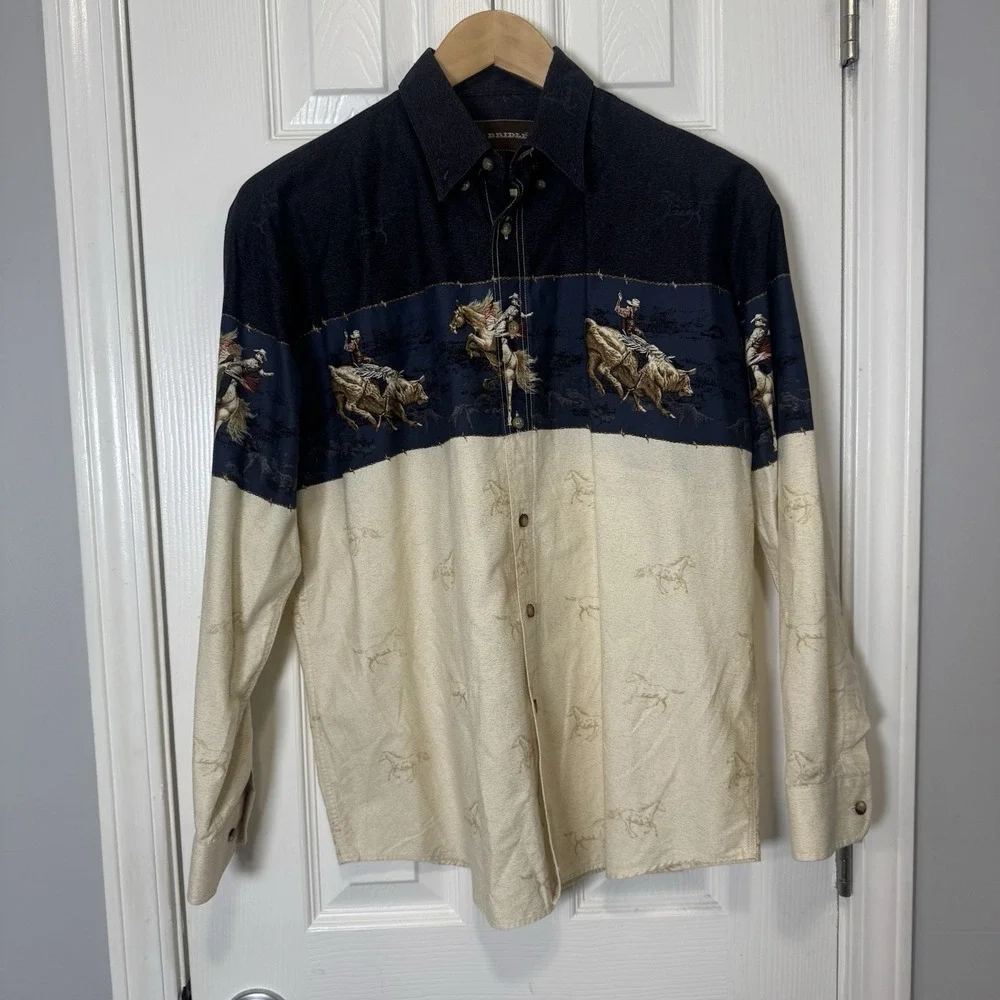 Bit‎ & Bridle Tri Color Cowboy Rodeo Long Sleeve Button Down Shirt Men's Size L